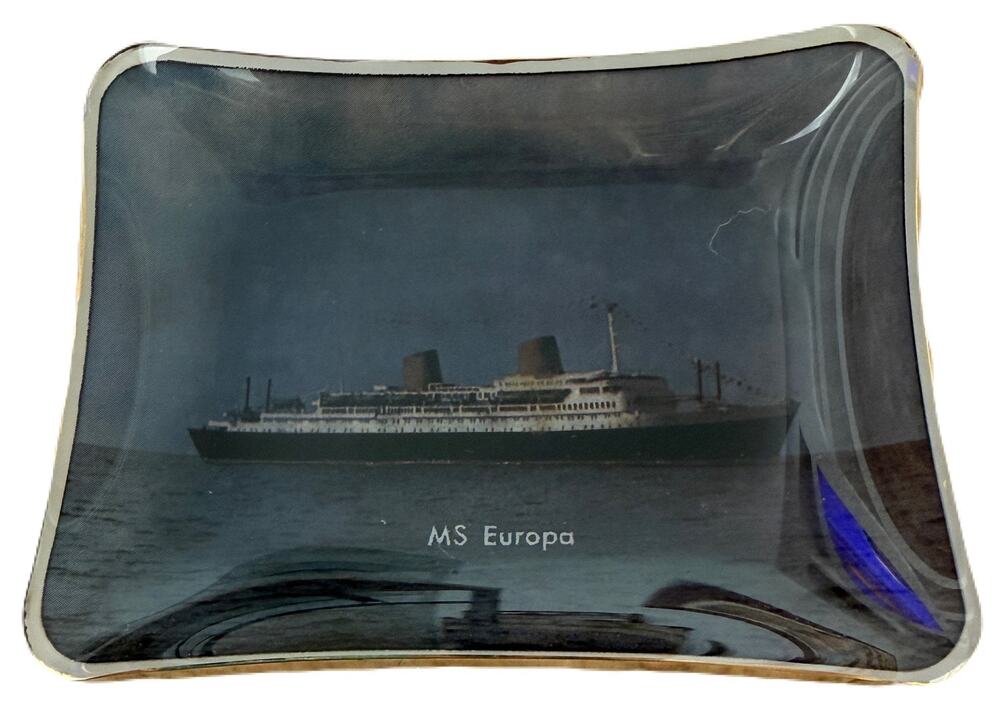 Vintage MS Europa Glass Souvenir Tray Ashtray - North German Lloyd Ocean Liner